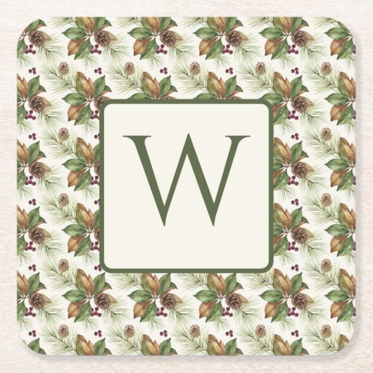 Winter Evergreen Pinecone Botanical Monogram Kartonnen Onderzetters (Voorkant)