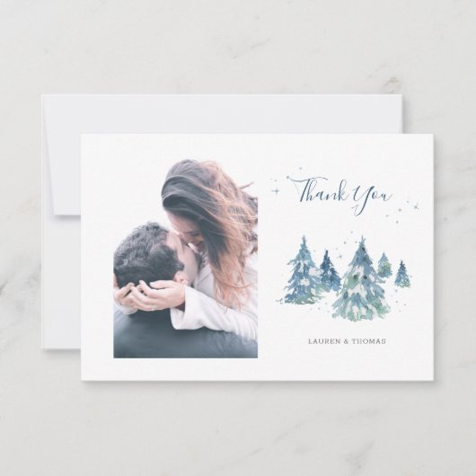 Winter Evergreen Tree Waterverf trouwfoto Bedankkaart (Voorkant)