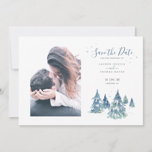 Winter Evergreen Tree Waterverf trouwfoto Save The Date (Voorkant)
