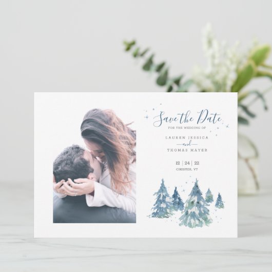 Winter Evergreen Tree Waterverf trouwfoto Save The Date (Staand voorkant)