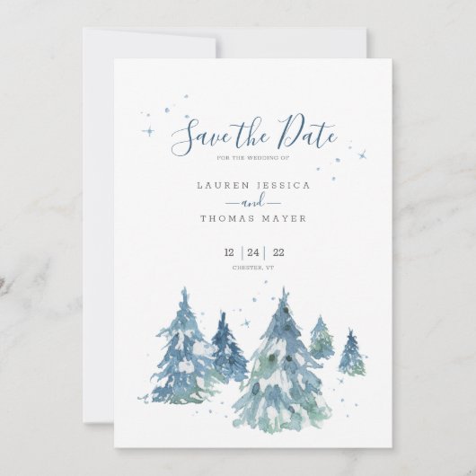 Winter Evergreen Tree Waterverf Wedding Save The Date (Voorkant)