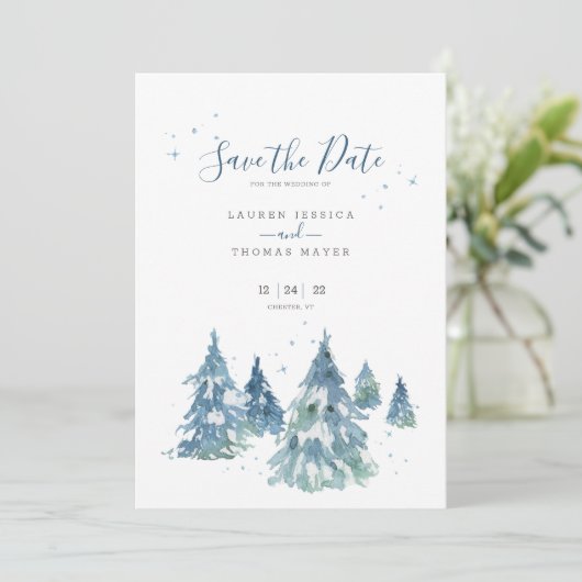 Winter Evergreen Tree Waterverf Wedding Save The Date (Staand voorkant)