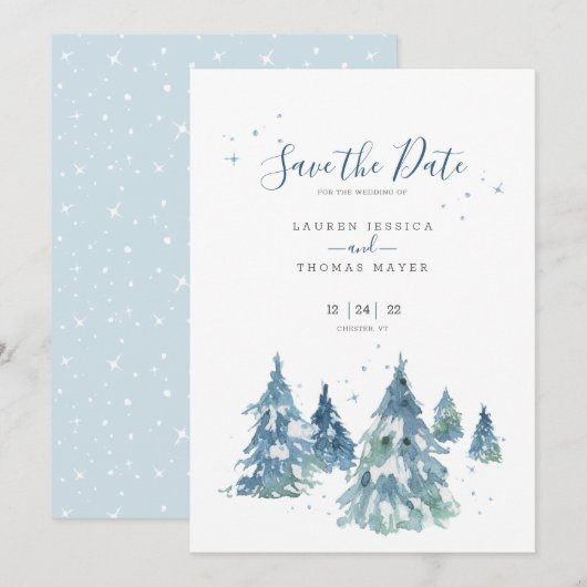 Winter Evergreen Tree Waterverf Wedding Save The Date (Voorkant / Achterkant)