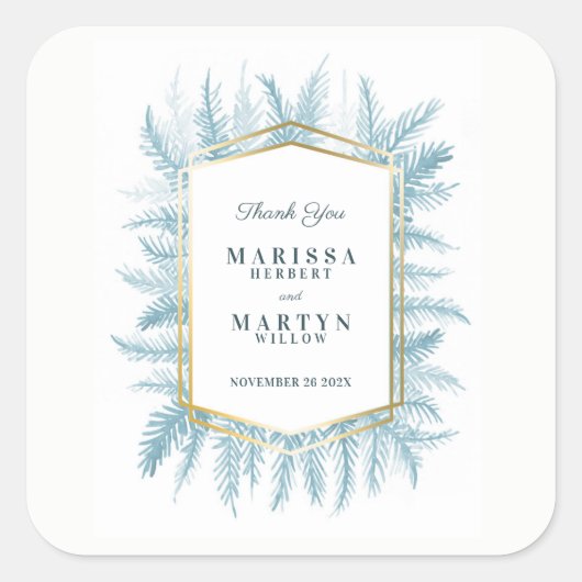 Winter evergreen waterverf blauw bruiloft gunst vierkante sticker (Voorkant)