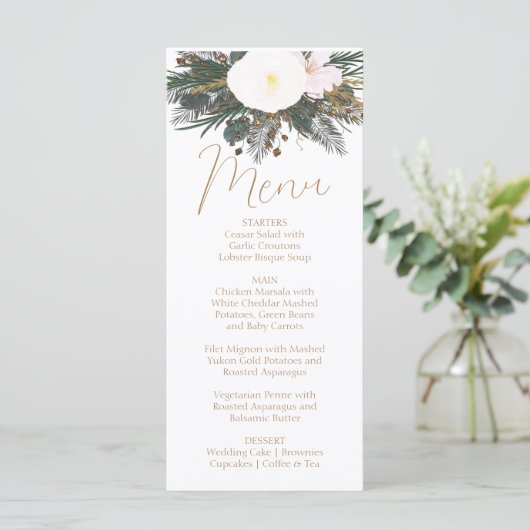 Winter Evergreen Wedding Menu Card (Staand voorkant)