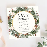 Winter Evergreen Wedding Save the Date Kaart<br><div class="desc">Elegant Winter-Themed Save the Date-uitnodiging bevat een gouden lijst omringd door waterverf evergreen,  pijnbomen en winterbloemigen. Pas uw informatie aan of klik op "Klik om verder aan te passen" om tekenstijlen,  grootte en kleuren te bewerken. Overeenkomende objecten die beschikbaar zijn in de winkel Adore Paper Co Zazzle.</div>