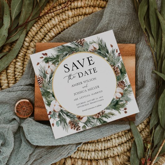 Winter Evergreen Wedding Save the Date Kaart