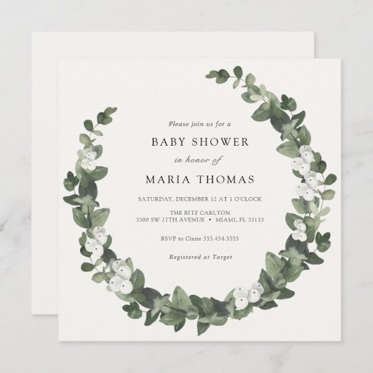 Winter Evergreen White Baby shower Uitnodiging (Voorkant / Achterkant)