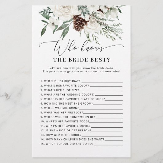 Winter evergreen Wie weet de bruid beste spel (Voorkant)