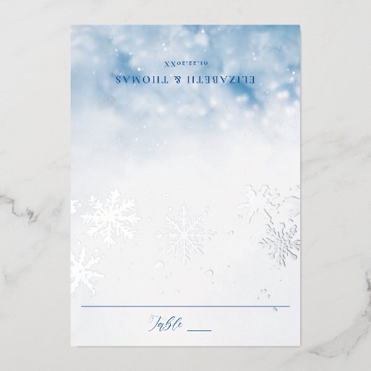Winter Falling Snow Folie Trouwtafel Place Card Folie Uitnodiging (Voorkant)
