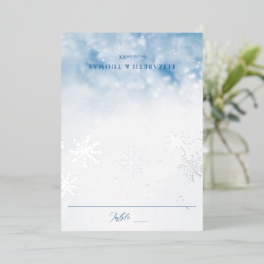 Winter Falling Snow Folie Trouwtafel Place Card Folie Uitnodiging (Staand Voorkant)