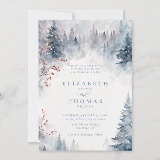 Winter Falling Snow Mountain Trees Elegant Wedding Kaart (Voorkant)