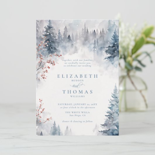 Winter Falling Snow Mountain Trees Elegant Wedding Kaart (Staand voorkant)