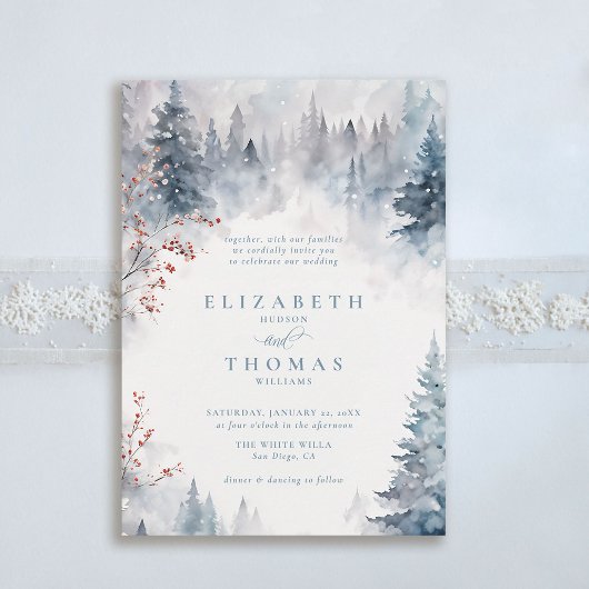 Winter Falling Snow Mountain Trees Elegant Wedding Kaart