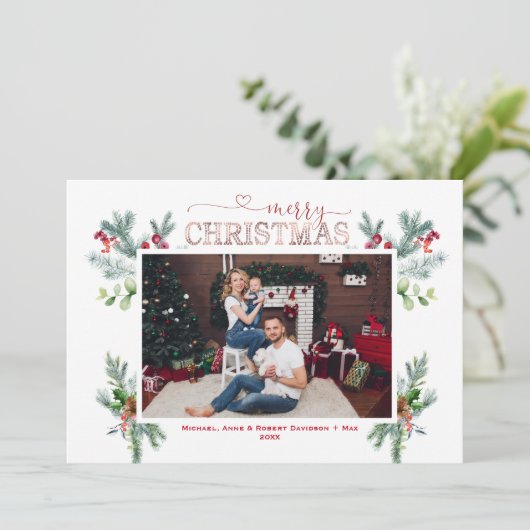 Winter Familiefoto's Goud Vrolijk Kerstmis Script Feestdagenkaart (Staand voorkant)
