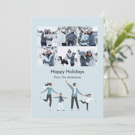 Winter Family Fun Kerstfeest 6 Foto Feestdagenkaart (Staand voorkant)