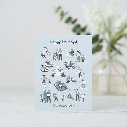 Winter Family Fun Kerstmis Feestdagenkaart (Staand voorkant)