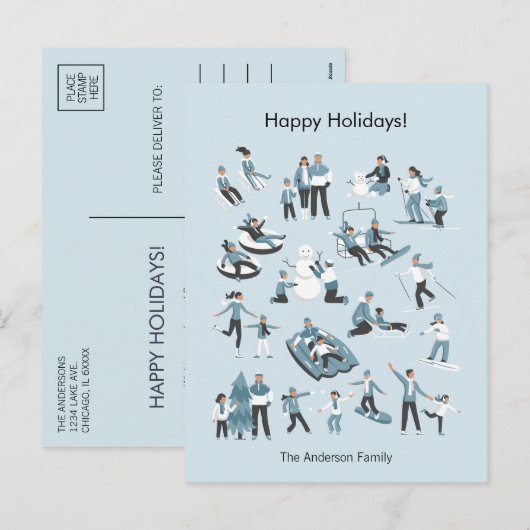 Winter Family Fun Kerstmis Feestdagenkaart (Voorkant / Achterkant)