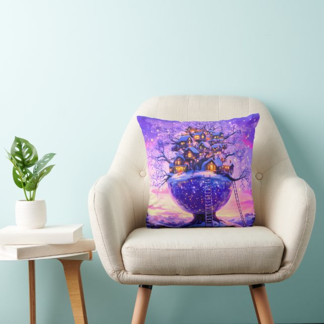 Winter Fantasy Snowy Tree Village Landscape Kussen (Stoel)