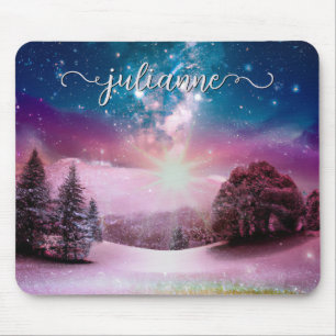 Winter Fantasy Starry Landscape met naam Muismat