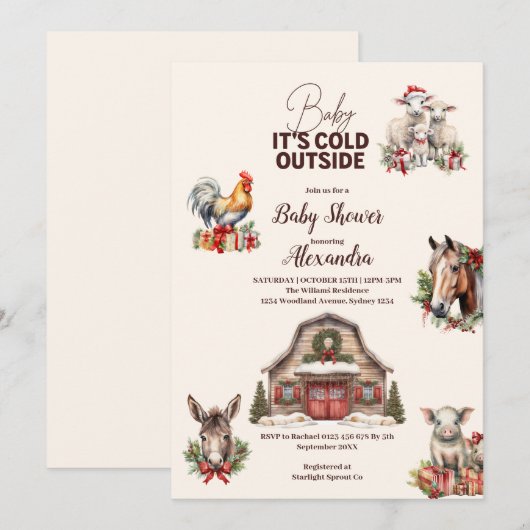 Winter Farm Animals Kerst Baby shower Kaart (Voorkant / Achterkant)
