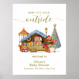 Winter Farmer Market Bear Baby Shower Welcome Poster