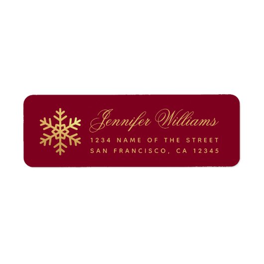 Winter Faux Gold Snowflake Elegant Script Burgundy Etiket (Voorkant)