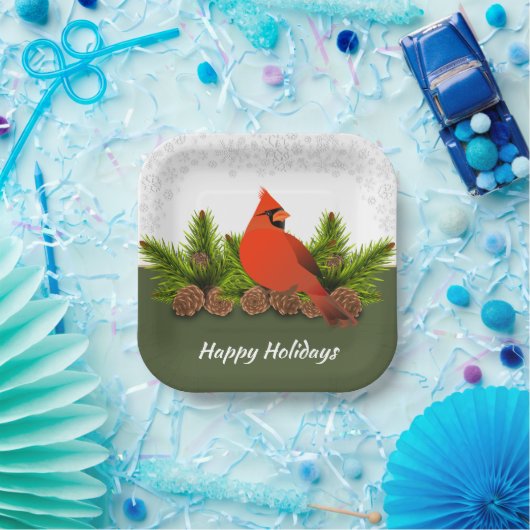 Winter-feestdag kardinale Pinecones en Snowflakes Papieren Bordje (Feest)