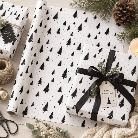 Winter Feestdagen Kerstbomen zwart en wit Cadeaupapier