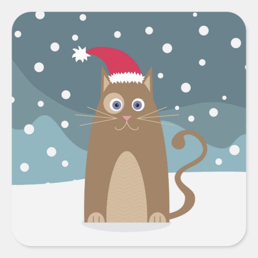 Winter feestdagen santa cat vierkante sticker (Voorkant)