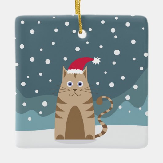 Winter feestdagen santa hoed huisdier kat besneeuw keramisch ornament (Voorkant)
