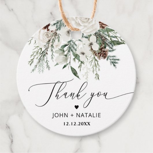 Winter feestelijk gebladerte evergeen bruiloft bedankjes labels (Voorkant)