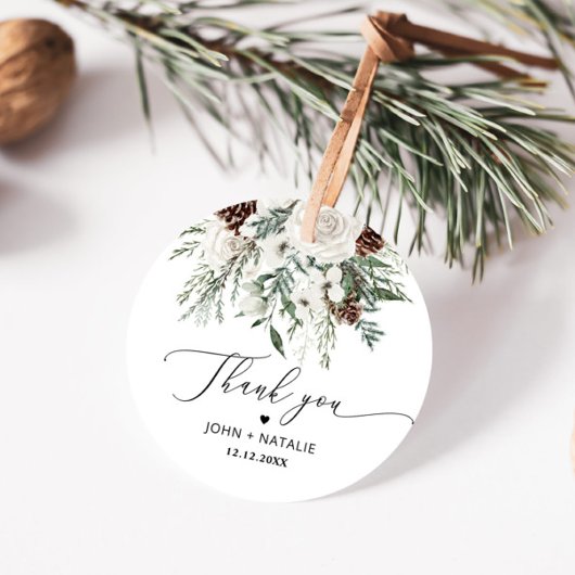 Winter feestelijk gebladerte evergeen bruiloft bedankjes labels