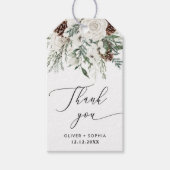 Winter feestelijk gebladerte evergreen bruiloft cadeaulabel (Voorkant)