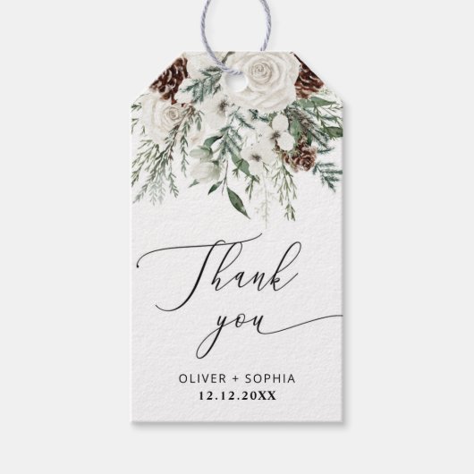 Winter feestelijk gebladerte evergreen bruiloft cadeaulabel (Voorkant)