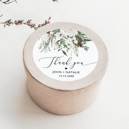 Winter feestelijk gebladerte evergreen bruiloft ronde sticker