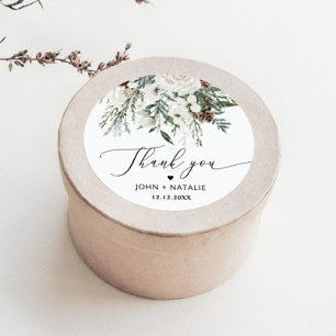Winter feestelijk gebladerte evergreen bruiloft ronde sticker