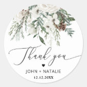 Winter feestelijk gebladerte evergreen bruiloft ronde sticker (Voorkant)