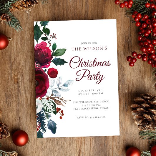 Winter Festive Floral Christmas Invitation Kaart