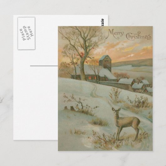 Winter Field Deer Church Snow Briefkaart (Voorkant / Achterkant)