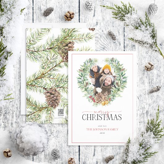 Winter Fir Cone Berry Wreath Merry kerstfoto Feestdagenkaart