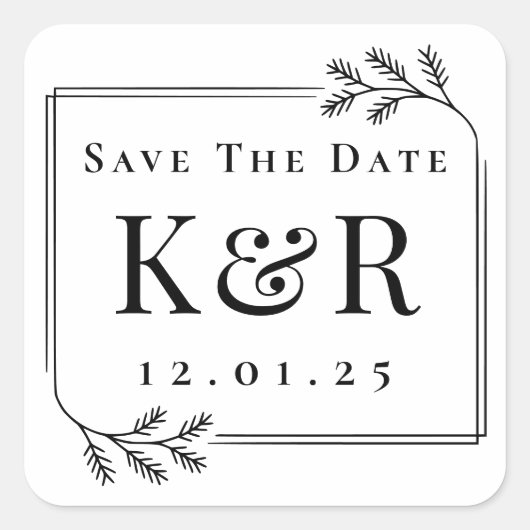 Winter Fir Lijst Monogram Trouwen Save the Date Vierkante Sticker (Voorkant)