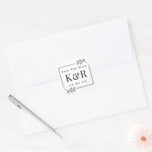Winter Fir Lijst Monogram Trouwen Save the Date Vierkante Sticker (Envelop)
