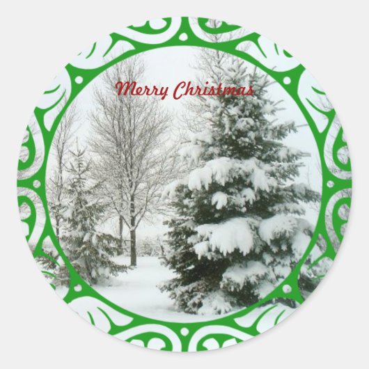 Winter Fir Trees, vrolijk kerstfeest Ronde Sticker (Voorkant)