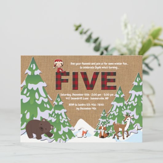 Winter Five Birthday Party Uitnodiging (Staand voorkant)