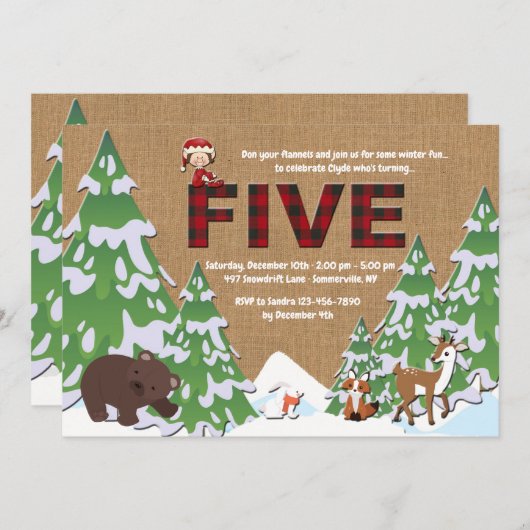 Winter Five Birthday Party Uitnodiging (Voorkant / Achterkant)