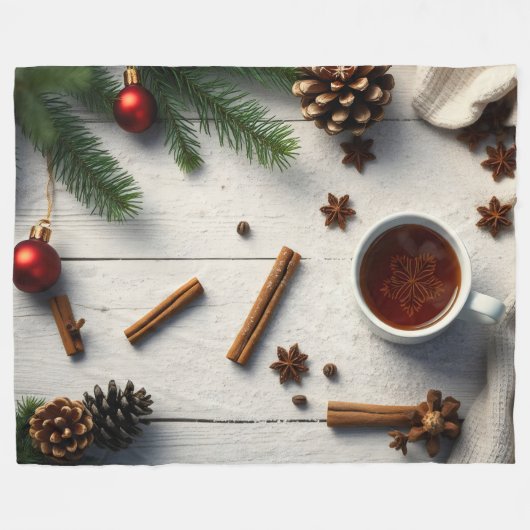 Winter flat-lay samenstelling, een dampende beker fleece deken (Voorkant (Horizontaal))