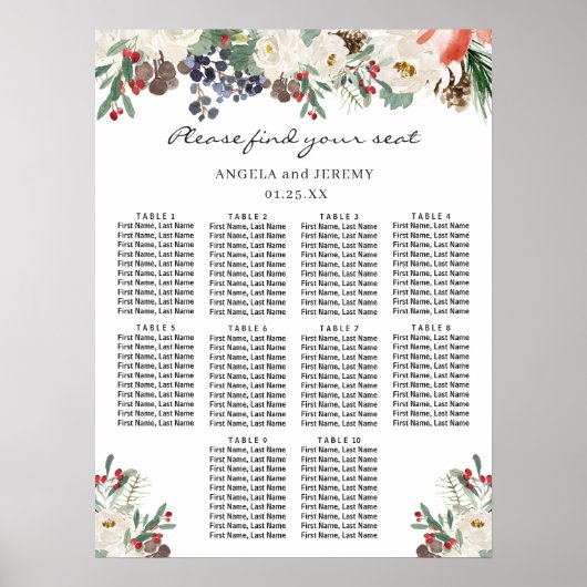 Winter Floral 10 Tables Wedding Seating Chart Poster (Voorkant)