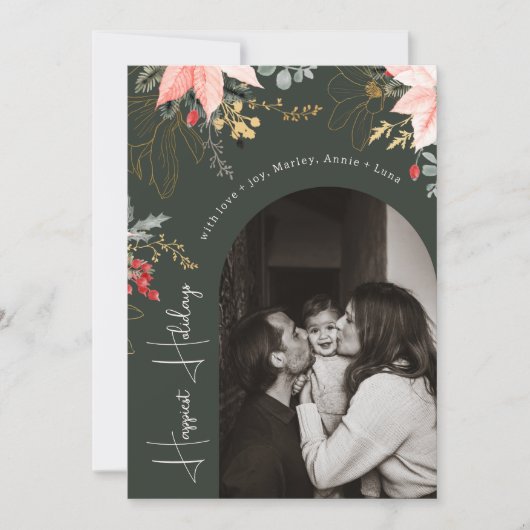 Winter Floral Arch Green Happiest Feestdagen Foto Feestdagenkaart (Voorkant)