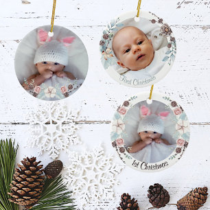 Winter Floral Baby's eerste kerstfoto Keramisch Ornament